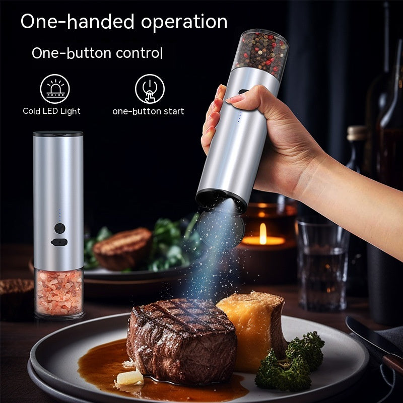 Rechargeable Electric Salt & Pepper Grinder Set with LED Light – One-Handed Automatic Spice Mill, Stainless Steel, USB Powered
