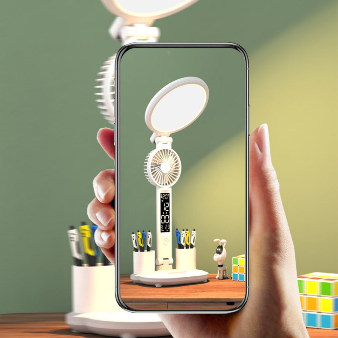 LED Desk Lamp with Digital Clock & Fan – USB Rechargeable, Dimmable Eye-Care Table Lamp, Foldable Reading & Night Light