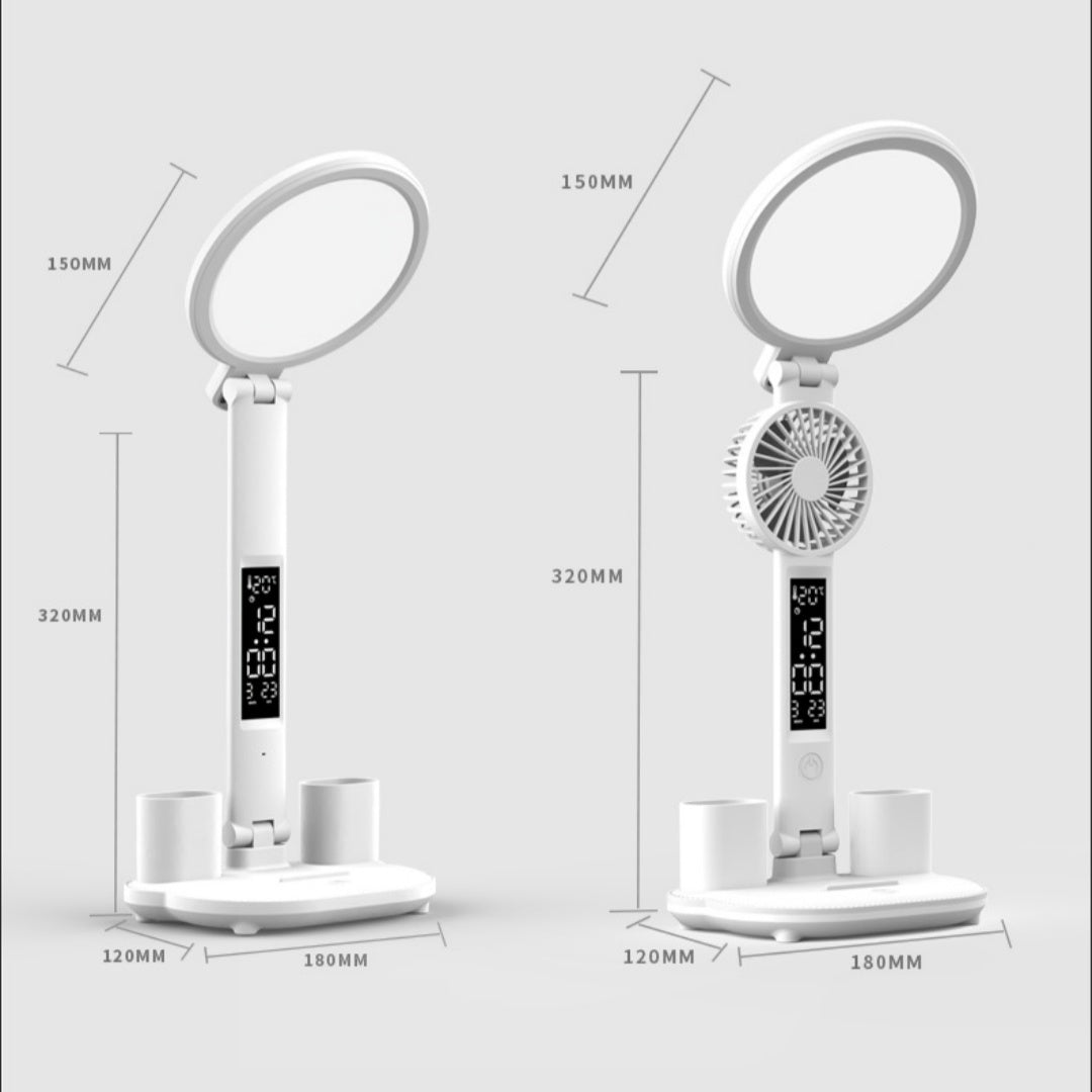 LED Desk Lamp with Digital Clock & Fan – USB Rechargeable, Dimmable Eye-Care Table Lamp, Foldable Reading & Night Light