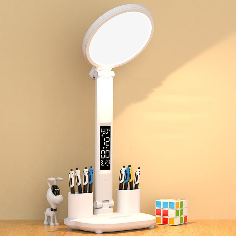 LED Desk Lamp with Digital Clock & Fan – USB Rechargeable, Dimmable Eye-Care Table Lamp, Foldable Reading & Night Light