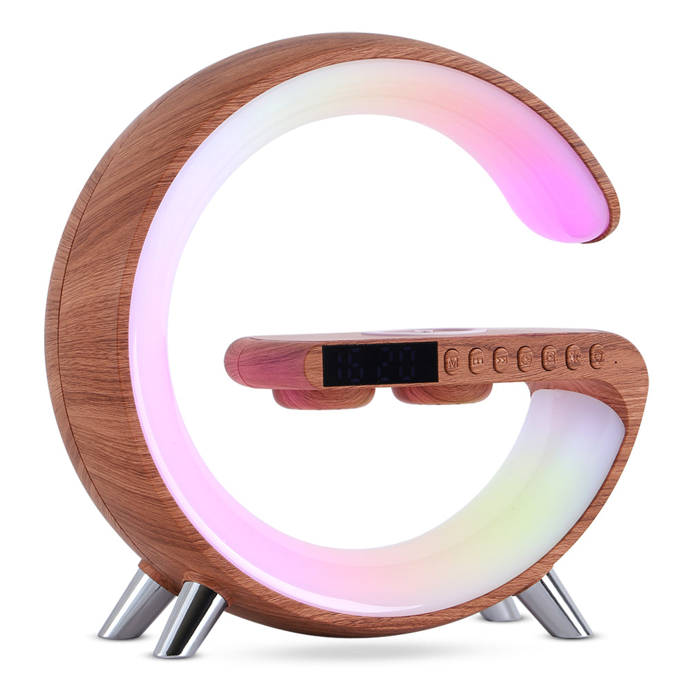 Smart G-Shaped LED Atmosphere Lamp with Bluetooth Speaker & 15W Wireless Charger – App-Controlled Bedside Light