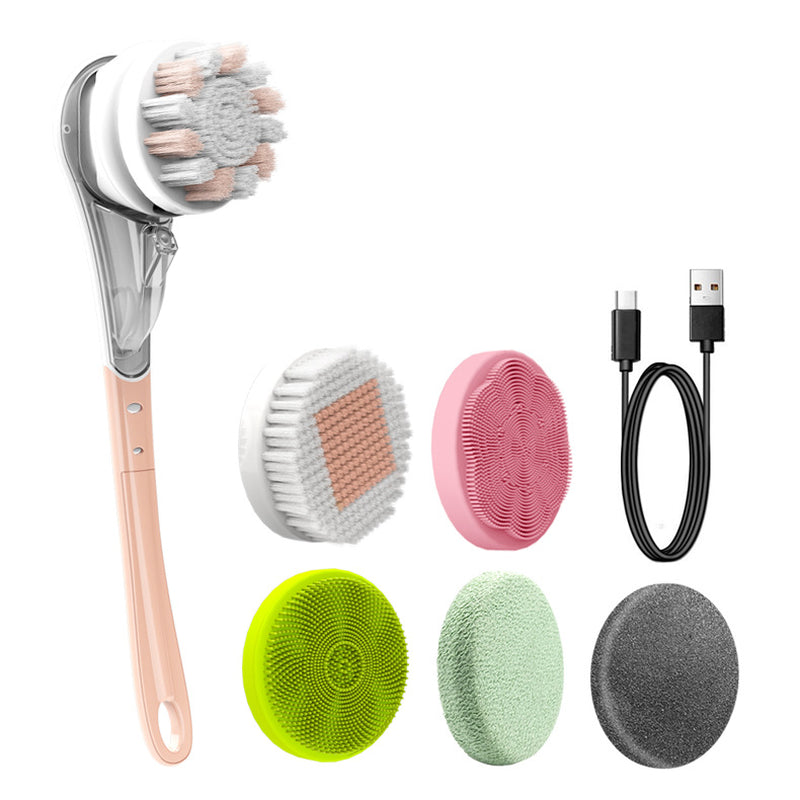 6-in-1 Waterproof Electric Bath Brush with Long Handle – Rechargeable Body, Face & Foot Cleansing and Exfoliating Brush