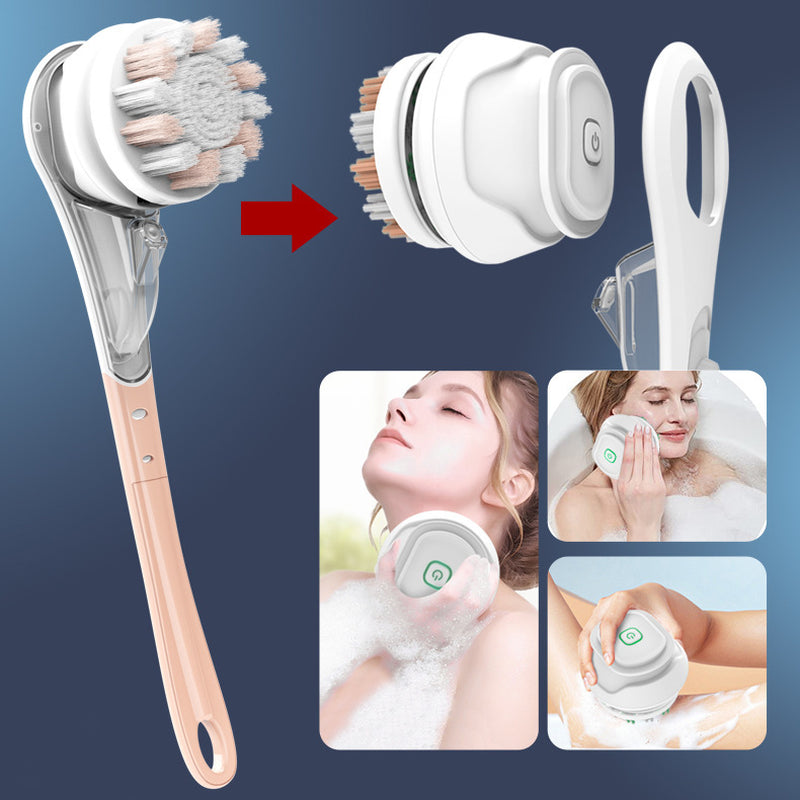 6-in-1 Waterproof Electric Bath Brush with Long Handle – Rechargeable Body, Face & Foot Cleansing and Exfoliating Brush