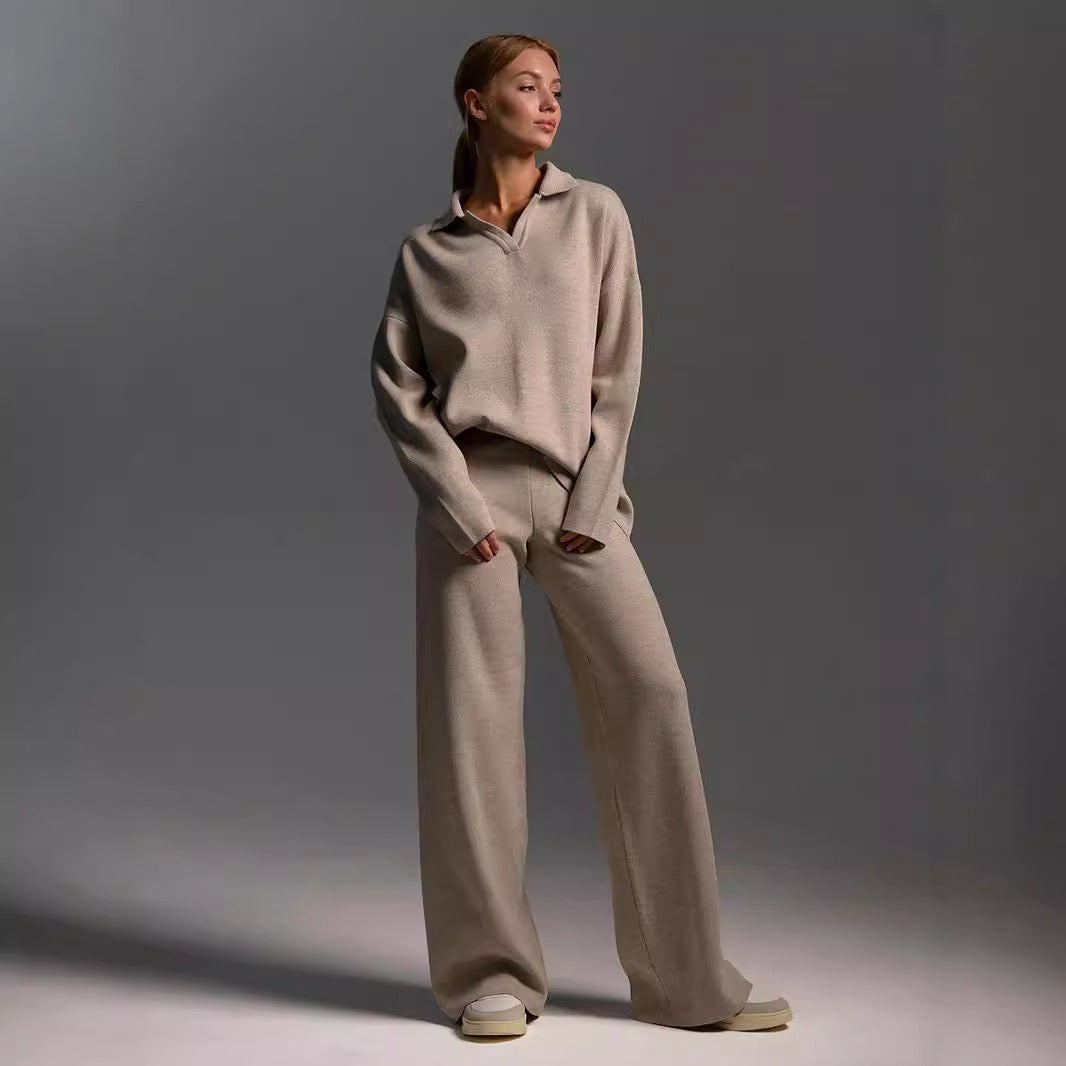 Women’s Casual Two-Piece Sweatshirt Set – Collared Long-Sleeve Pullover Top & Loose Straight-Leg Pants
