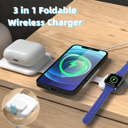 3-in-1 Magnetic Foldable Wireless Charging Station – Fast 15W Multi-Device Charger for Smartphone, Watch & Earbuds