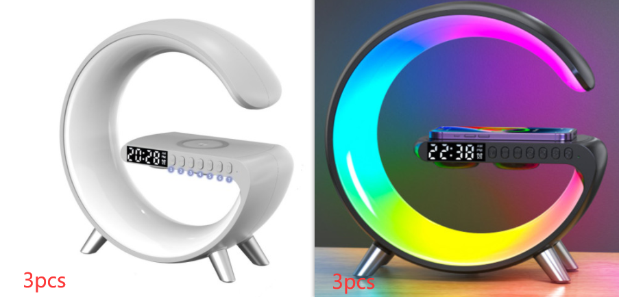 Smart G-Shaped LED Atmosphere Lamp with Bluetooth Speaker & 15W Wireless Charger – App-Controlled Bedside Light