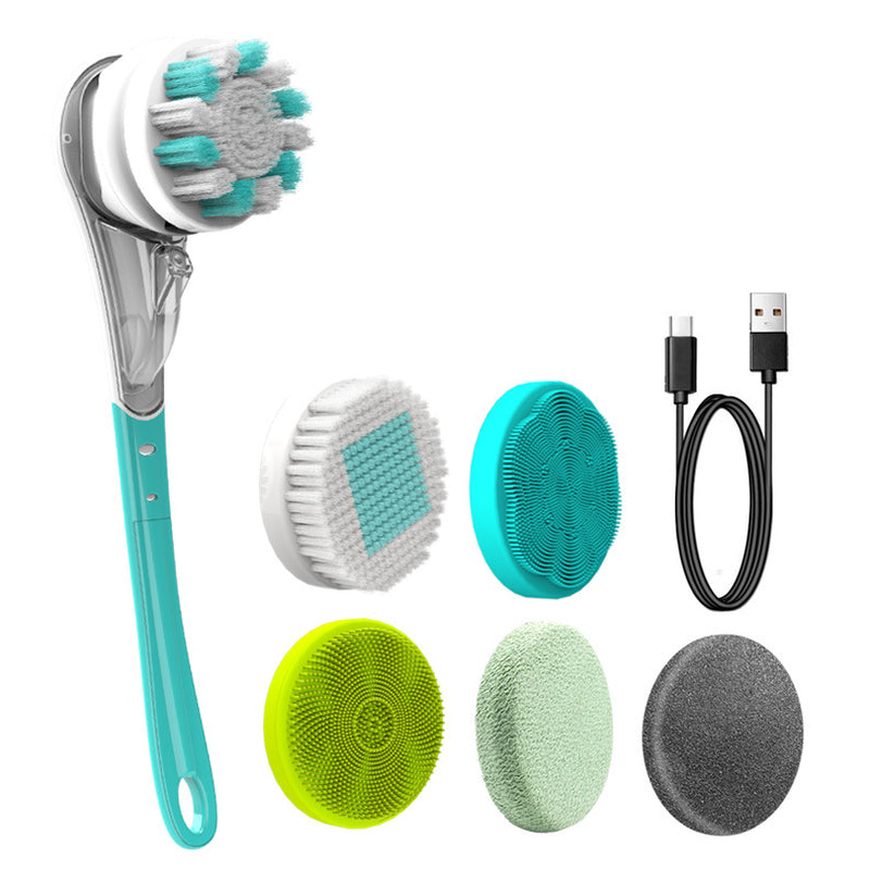 6-in-1 Waterproof Electric Bath Brush with Long Handle – Rechargeable Body, Face & Foot Cleansing and Exfoliating Brush