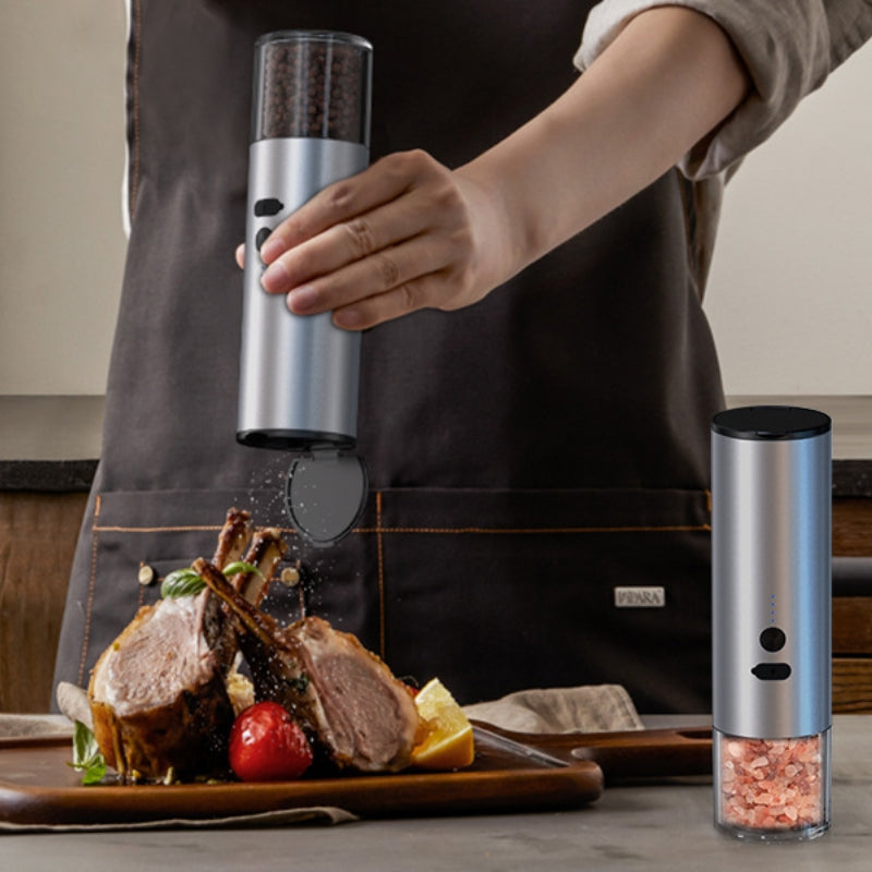 Rechargeable Electric Salt & Pepper Grinder Set with LED Light – One-Handed Automatic Spice Mill, Stainless Steel, USB Powered