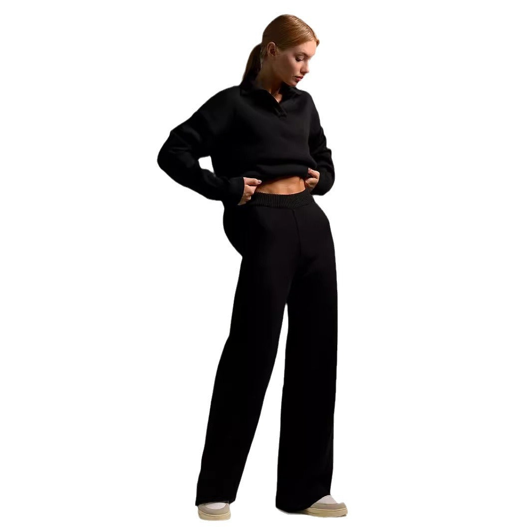 Women’s Casual Two-Piece Sweatshirt Set – Collared Long-Sleeve Pullover Top & Loose Straight-Leg Pants