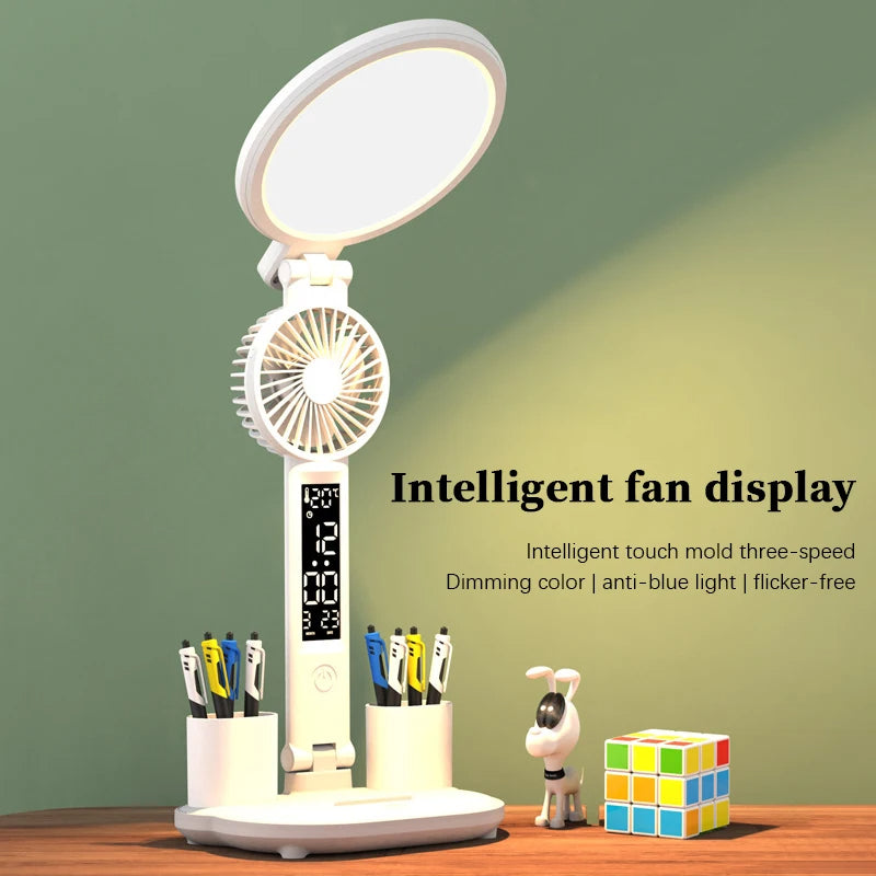 LED Desk Lamp with Digital Clock & Fan – USB Rechargeable, Dimmable Eye-Care Table Lamp, Foldable Reading & Night Light